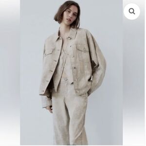 ZARA Printed Oversized Linen Blend Jacket Size XS